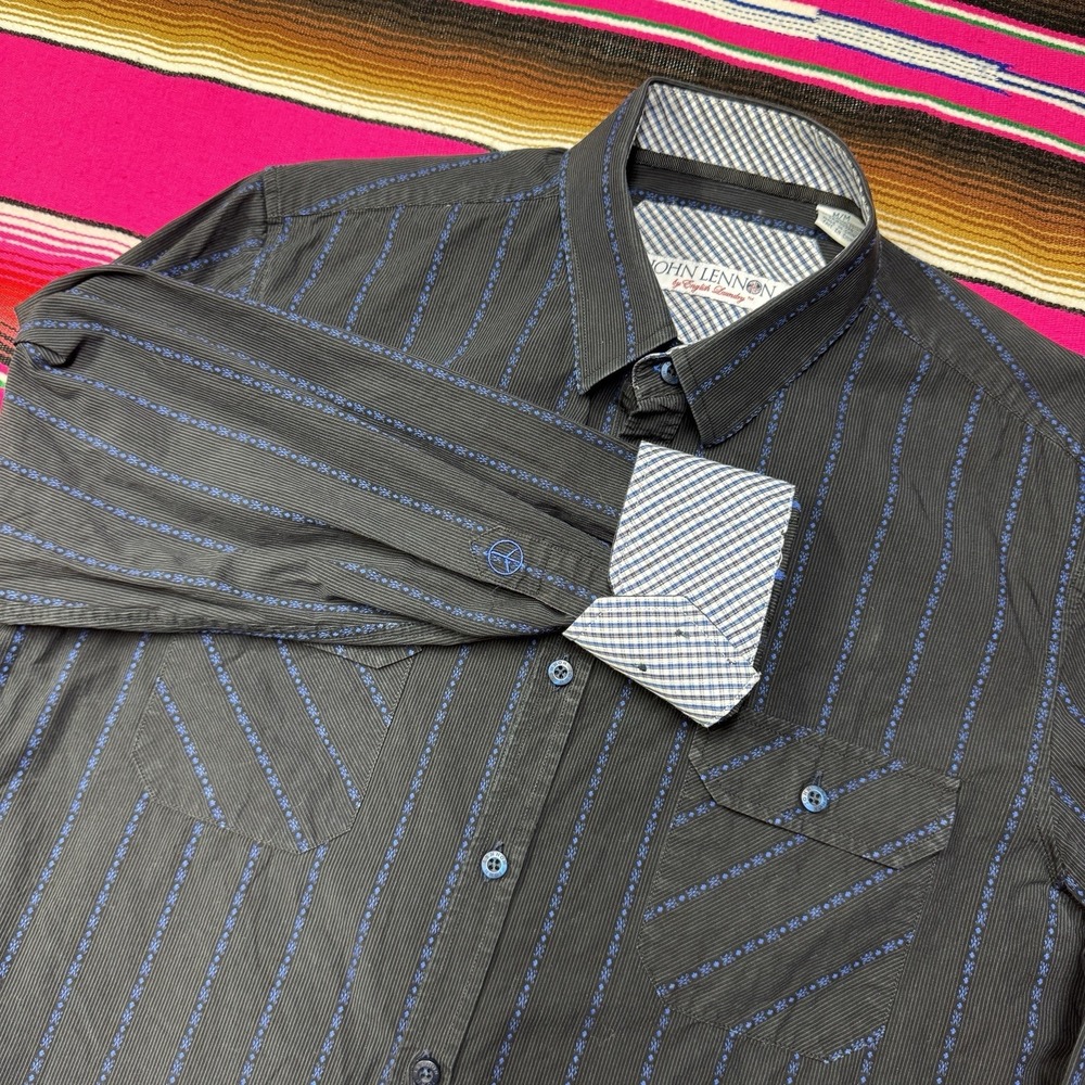 2/$30 John Lennon English Laundry Shirt Men M Black Flip Cuff Button‎ Up Check